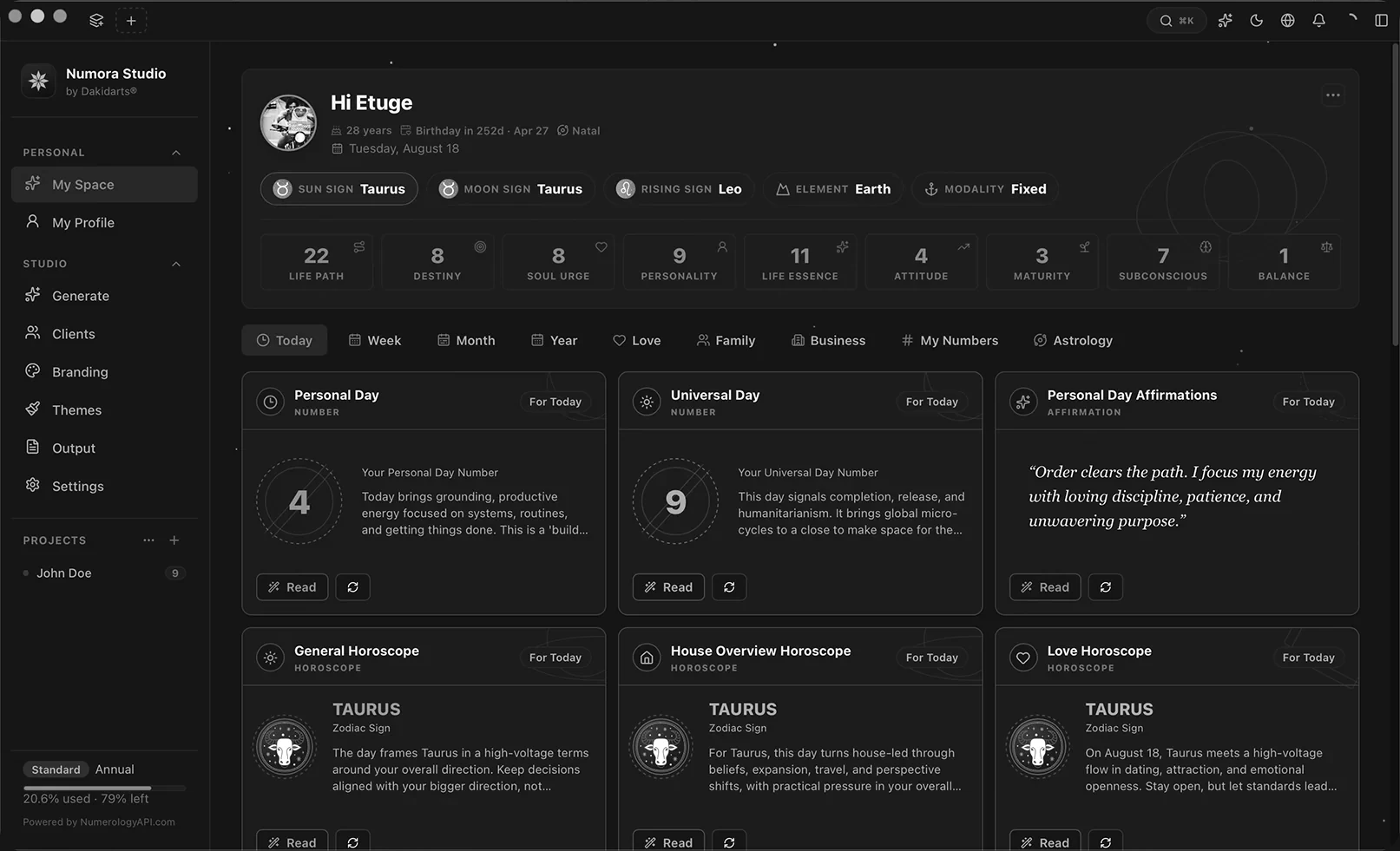 Numora Studio My Space showing a profile-backed numerology and horoscope workspace.