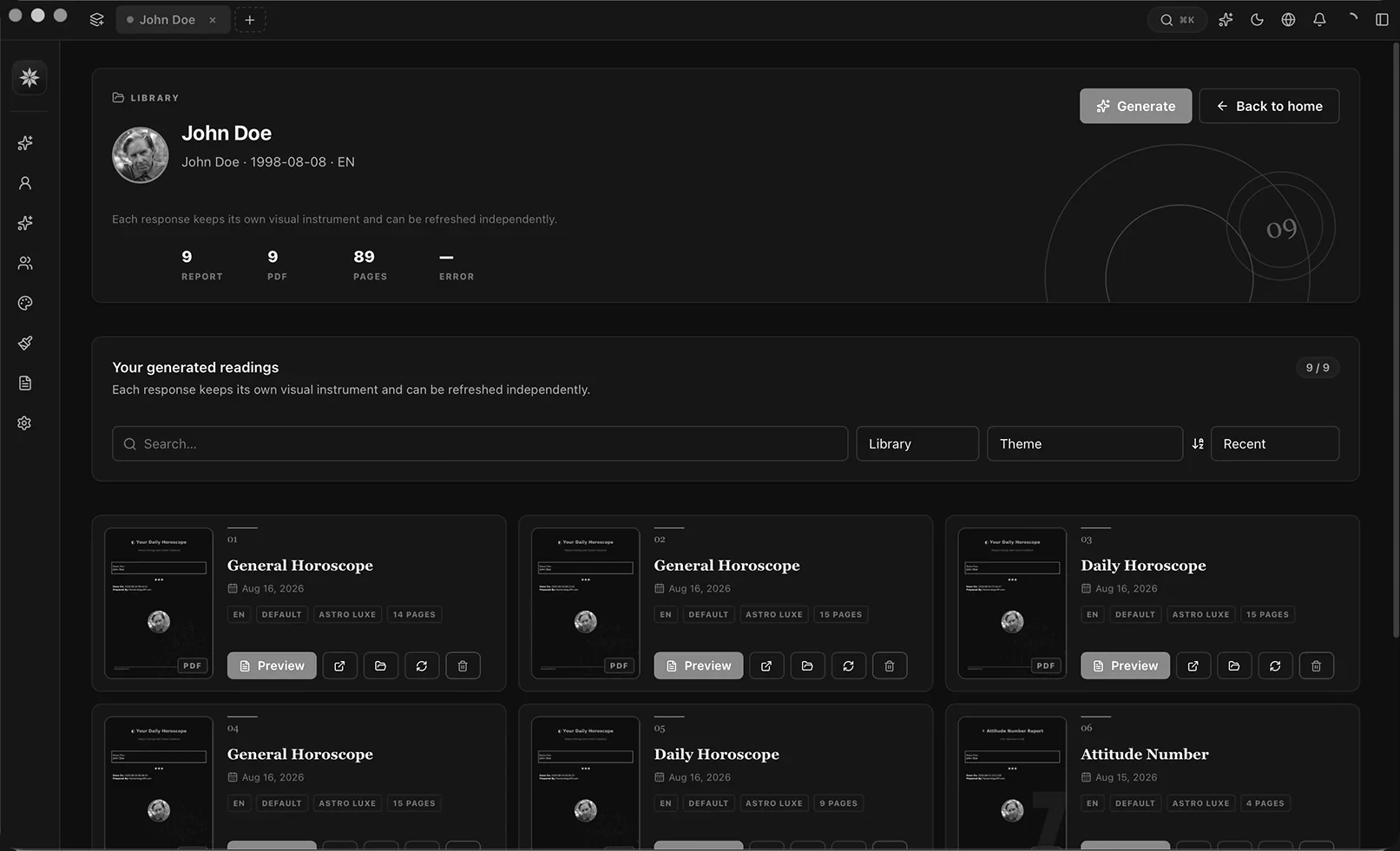 Numora Studio project library showing generated client readings and report previews.